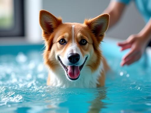 Chien en séance d'hydrothérapie pour sa réhabilitation